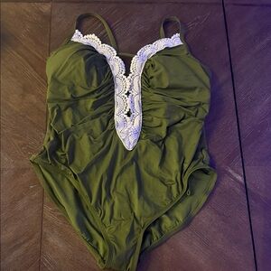 NWT size XL Olive Green One Piece Swimsuit with Lace Trim